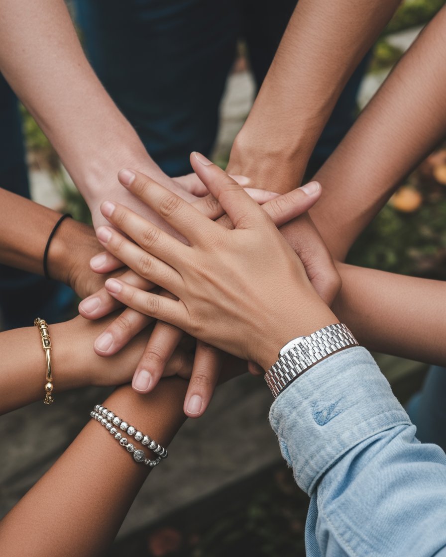 Diverse hands together symbolizing unity, support, and empowerment
